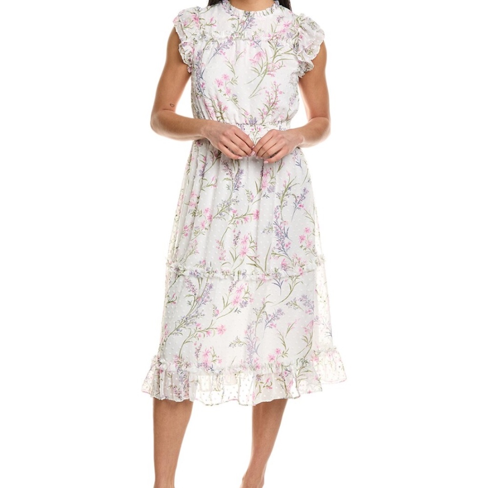 Cece Floral Clip Dot Smocked Ruffle Midi Dress In New Ivory